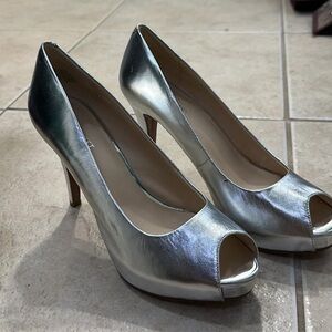 Nine West Silver Stiletto Peep-Toe Heels